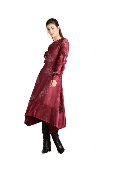 SERPİL Burgundy Floral Embroidered Asymmetrical Jacquard Skirt Dress - 32404