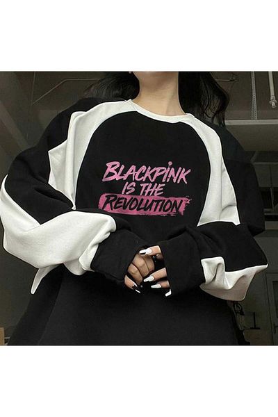 Touz Moda Унисекс суитшърт с голям размер и черна яка с принт Blackpink Is The Revolution
