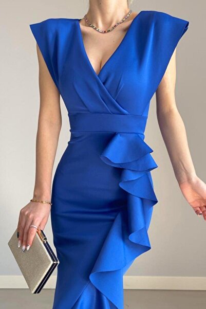 Mossta Volanlı Yırtmaçlı Balık Abiye Elbise Saks