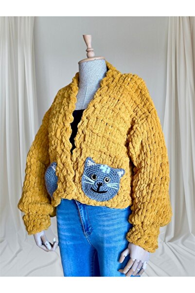 Zuviel Deco Handmade El yapımı örgü kedi cep detaylı puffy chunky hırka