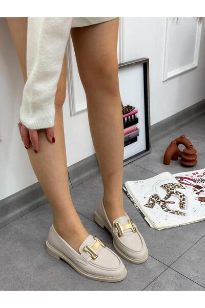 ERVANIN BUTİĞİ Bej Cilt( Ellie) Gold Toka Detay Ortopedik Taban Kadın Loafer