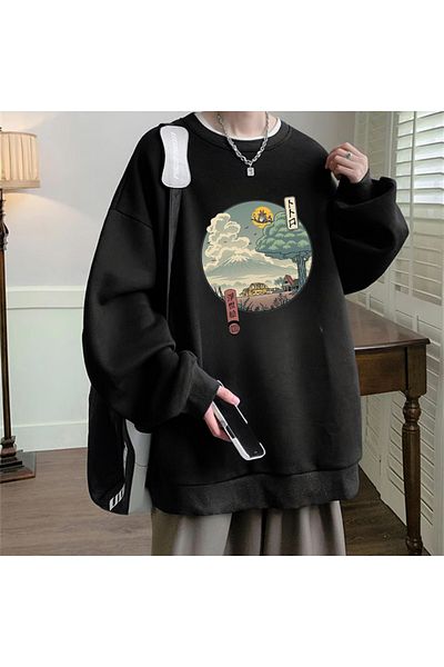 Touz Moda Anime Harajuku Totoro εμπριμέ μαύρο φούτερ Unisex Oversize Crew Neck