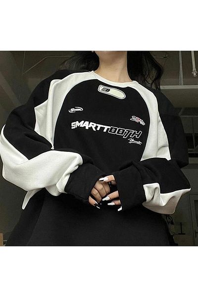 Touz Moda Y2K Streetwear Smarttooth εμπριμέ μαύρο φούτερ Unisex Oversize Crew Neck