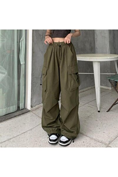 Toum MODESSY Yeşil Tactical Paraşüt Kumaş Kargo Cepli Oversize Unisex Pantolon