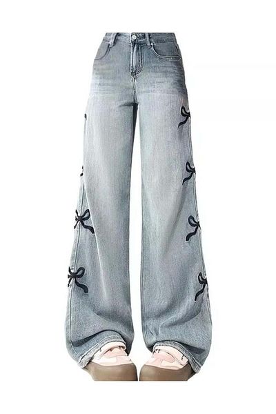 Toum Blunt Blunt Y2k Ribbon Detail Pantaloni largi, spălați, Jean