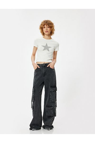 Koton Crew Neck Stone Detailed Star Printed Slim Fit Short Sleeve T-Shirt