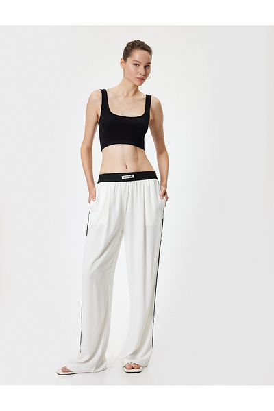 Koton Oversize Linen Blended Trousers - Elastic Waist Pocket Ribbed
