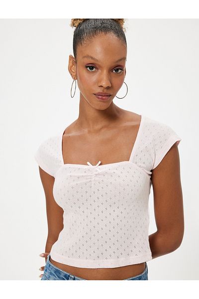 Koton Square Neck Slim Fit Cap Sleeve T-Shirt - Bow Detail