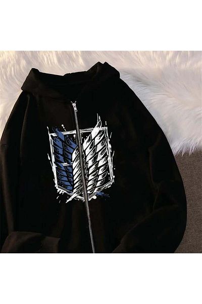 Touz Moda Attack On Titan New Logo με τυπωμένο υπερμεγέθη φερμουάρ Μαύρη ζακέτα με κουκούλα Unisex