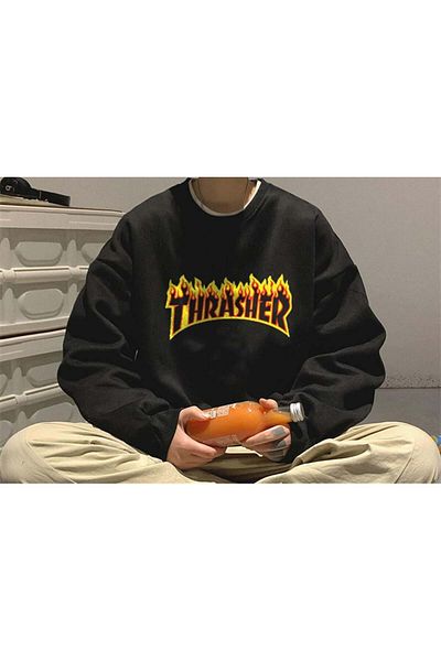 Touz Moda Φούτερ Thrasher Printed Μαύρο Unisex Oversize Crew Neck Φούτερ