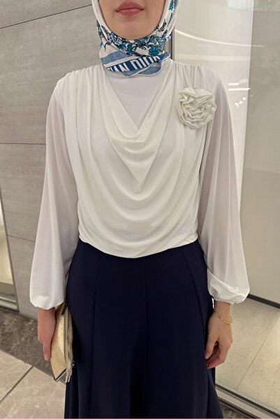 Oven Degaje Yaka Şık Bluz - Ekru