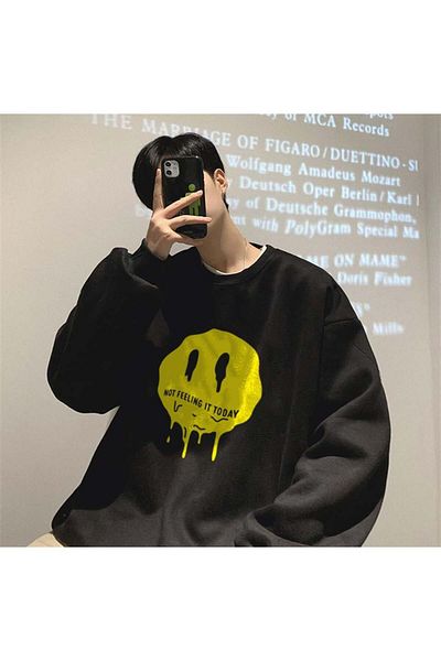 Touz Moda Μην το νιώθετε σήμερα με εμπριμέ μαύρο φούτερ Unisex Oversize Crew Neck