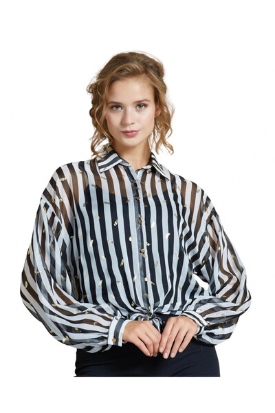 SERPİL Siyah Beyaz Çizgili Altın Yaprak Detaylı Şeffaf Balon Kol Bağlamalı Beyaz Gömlek 34843