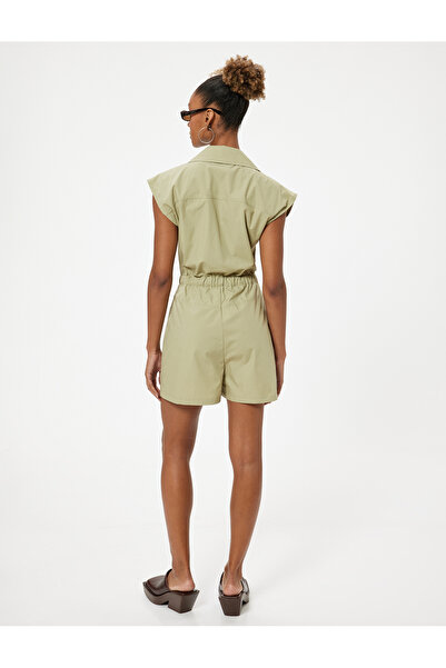 Koton Shirt Collar Mini Shorts Jumpsuit - Zippered and Pocket Detailed