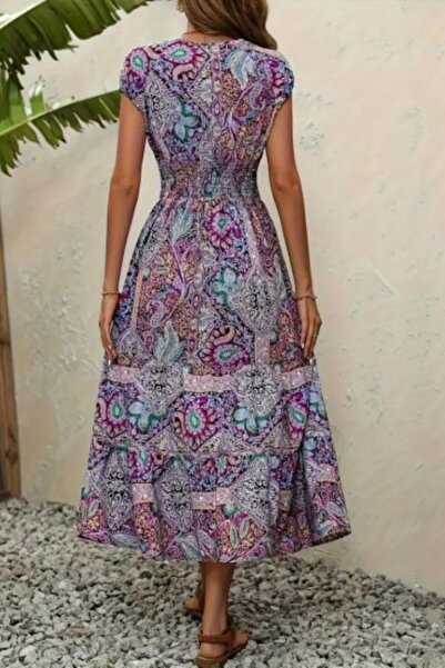 Mossta Purple Single Jersey Midi Dress - Ethnic Pattern