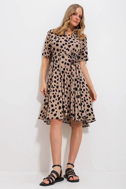 Mossta Polka Dot Mink Bell Dress - Front Button and Belted