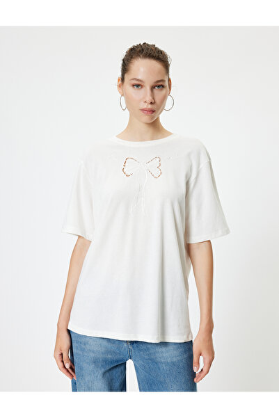 Koton Cotton Oversize T-Shirt - Bow Embroidery, Crew Neck, Short Sleeve