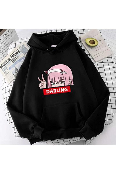 Touz Moda Μαύρο φούτερ με κουκούλα με στάμπα Zero Two Darling Unisex Oversize
