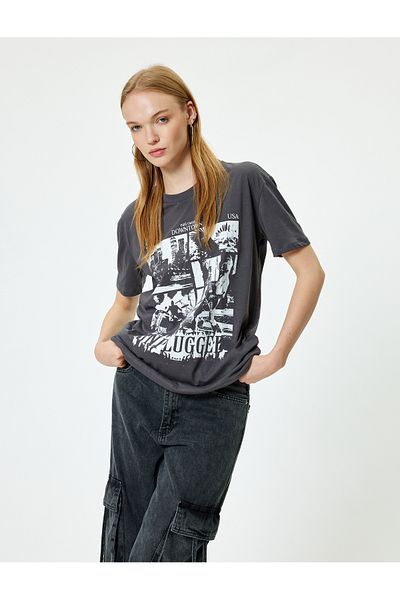 Koton Cotton Oversize T-Shirt - Slogan Print, Crew Neck, Short Sleeve