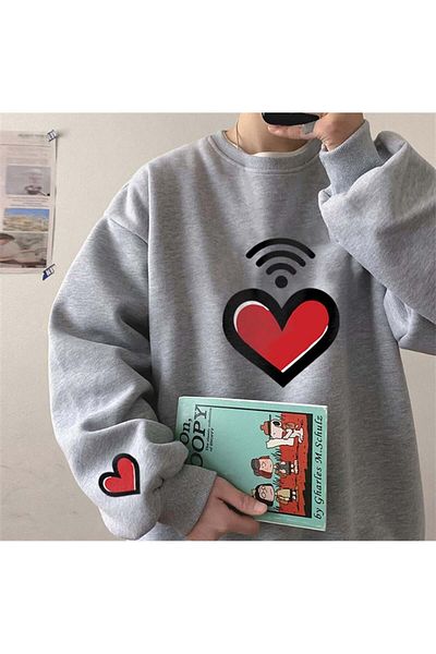 Touz Moda Сив унисекс суитшърт с кръгло деколте и принт Heart Signal