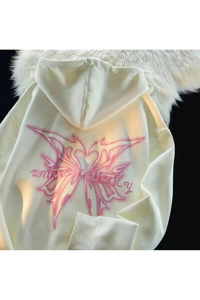 Toum MODESSY Y2k Butterfly Spate Imprimat Hanorac Oversize Unisex Alb cu Glug...