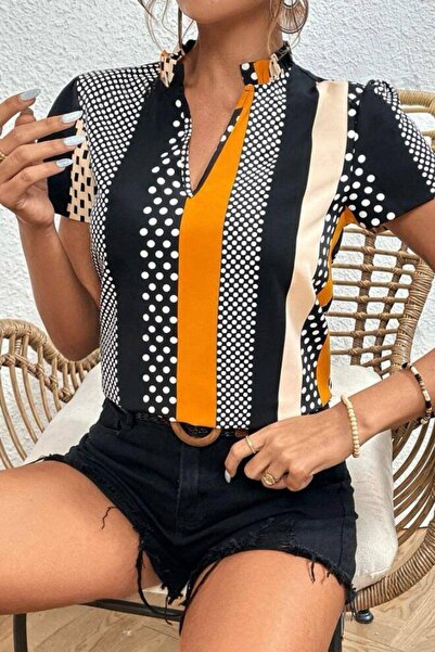 Mossta Colorful Notch and Gathered Collar Blouse