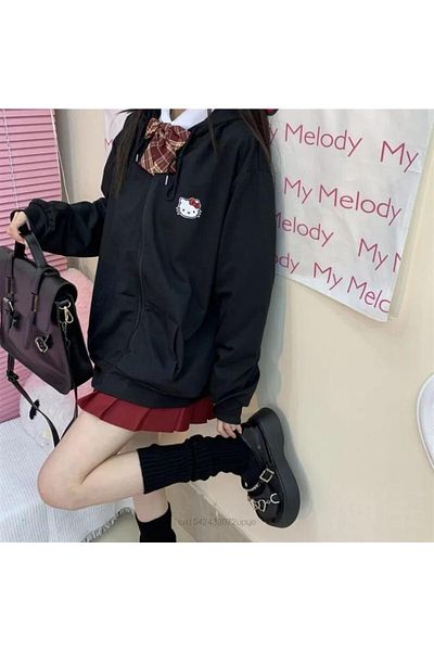 Touz Moda Hello Kitty Printed - Ζακέτα Unisex Μαύρη Oversize με κουκούλα