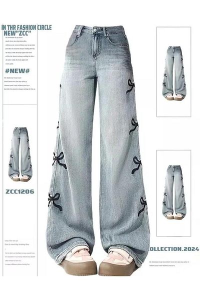 Toum Blunt Blunt Y2k Ribbon Detail Pantaloni largi, spălați, Jean