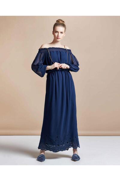 SERPİL Carmen Yaka Zincir Askı Detaylı Eteği Brodeli Lacivert Elbise 30734