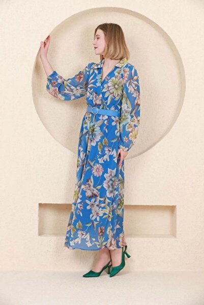 Mossta Rochie de modă lungă din șifon albastru - decolteu dublu și curea