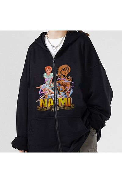 Touz Moda One Piece Nami Printed Oversize Черна унисекс жилетка с качулка и цип
