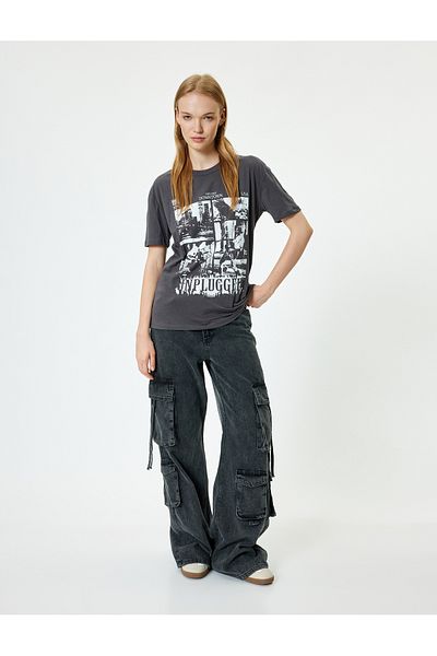 Koton Cotton Oversize T-Shirt - Slogan Print, Crew Neck, Short Sleeve