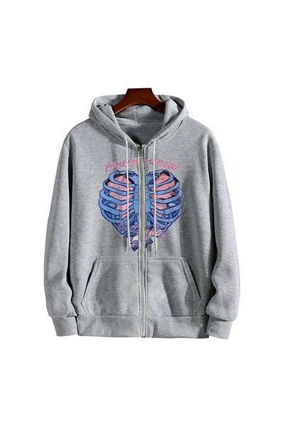 Touz Moda Голяма сива унисекс жилетка с качулка с цип и щампа на котешки ребра Ronronner