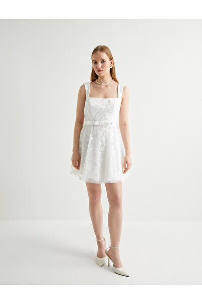 Koton Μίνι Νυφικό - Δαντέλα, Αφράτη Φούστα, Χαμηλή Πλάτη και Λεπτομέρεια Φιόγκος