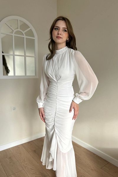 HELİS BUTİK Rochie Alina din Sifon Alb - Elegantă și Confortabilă