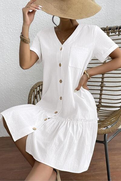 Mossta Λευκό λινό φόρεμα - με λεπτομέρεια τσέπης και κουμπιά
