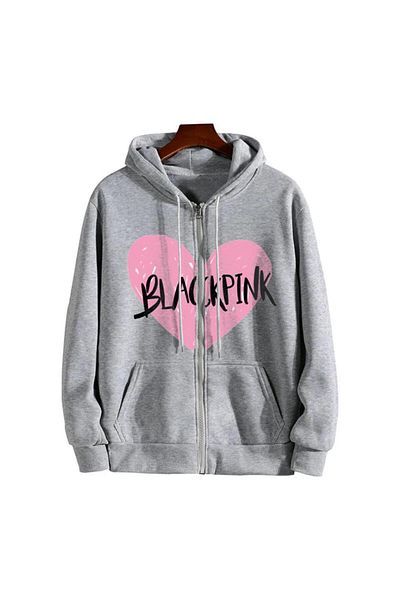 Touz Moda Ζακέτα με κουκούλα σε γκρι Unisex με φερμουάρ με στάμπα Blackpink Heart