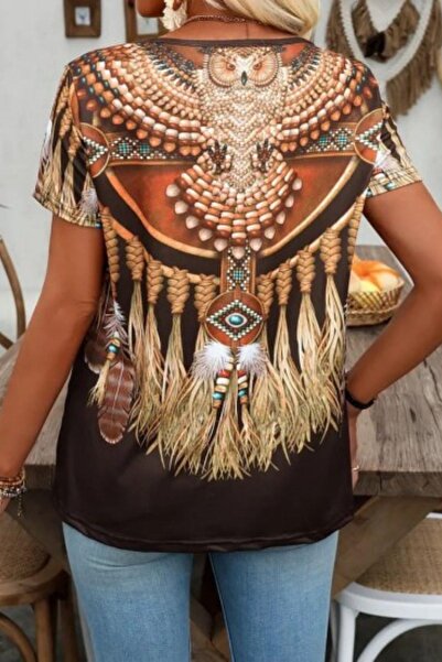 Mossta Καφέ μπλούζα με κοντό μανίκι με λαιμόκοψη σε σχήμα V