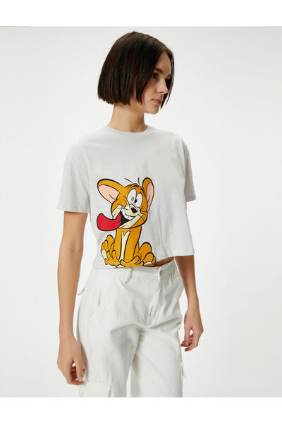 Koton Crop Tom and Jerry T-Shirt με άδεια κοντό μανίκι, βαμβακερή λαιμόκοψη