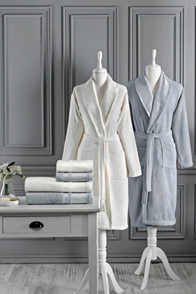 FAVORA طقم روب حمام عائلي Özdilek Dory - كريمي - رمادي