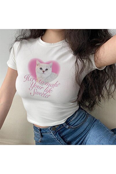 Toum MODESSY Λευκό Crop με στάμπα Pretty Cat & Heart