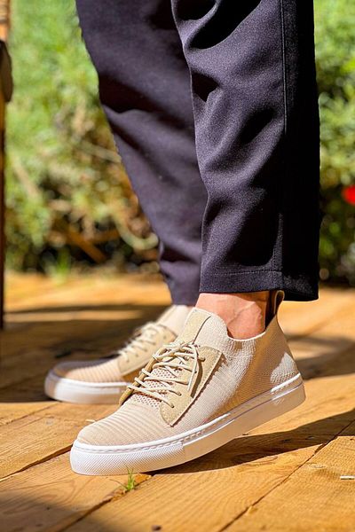 BESKAR Ανδρικά παπούτσια casual με ψηλή σόλα μπεζ πλεκτά - KB 110 Lace-Up