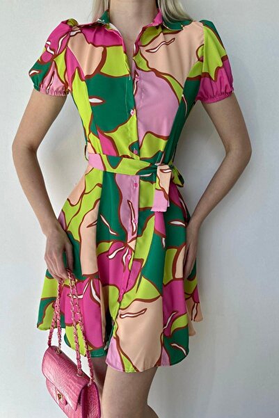 Mossta Elastic Sleeve Belted Shirt Dress Green