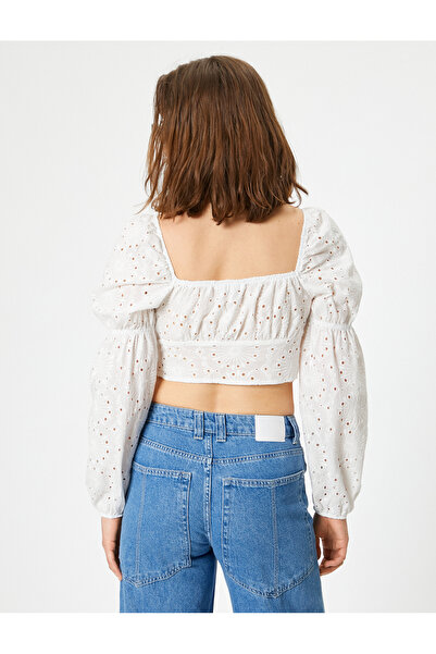 Koton Fisto Crop Bluz Balon Kol Kalp Yaka Bağlama Detaylı Slim Fit