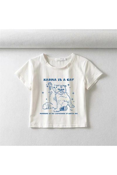 weywot Worm Boutique Y2k Karma είναι ένα λευκό κροπ με στάμπα γάτας