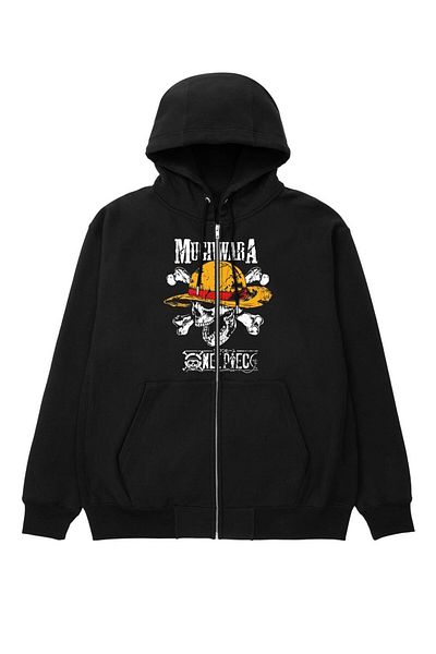 Touz Moda One Piece Mugiwara Printed Oversize Μαύρη ζακέτα με κουκούλα Unisex με φερμουάρ