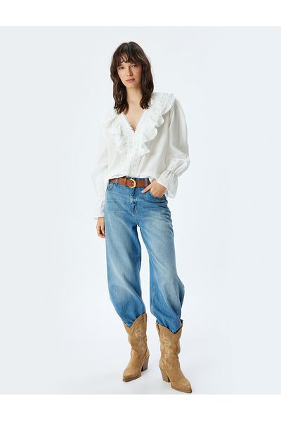 Koton V-neck Cotton Blouse - RuFFle and Lace, Long Sleeve