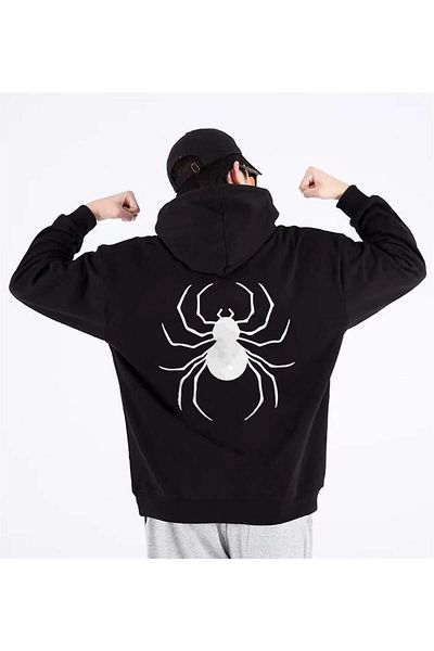 Touz Moda Επικίνδυνο μπλουζάκι Spider εμπρός-πίσω με στάμπα μαύρο Unisex oversize φούτερ με κουκούλα