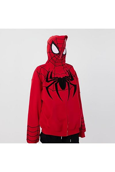 DESTİNE Loots Y2K Streetwear Spider Web Oversize Zippered Red Unisex Hooded Cardigan