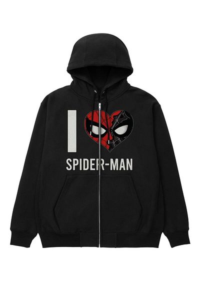 Touz Moda I Love Spider-Man Printed Oversize Μαύρη ζακέτα με κουκούλα Unisex με φερμουάρ